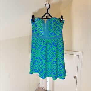 Alice & Trixie EUC Women's Green Blue Silk Strapless Geo Print Dress Size M